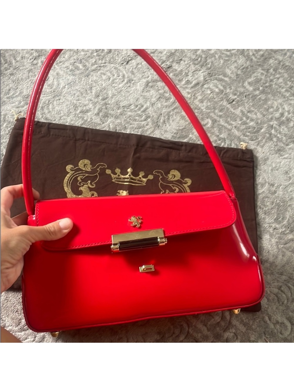 Red Patent Shoulder Bag with Gold Hardware